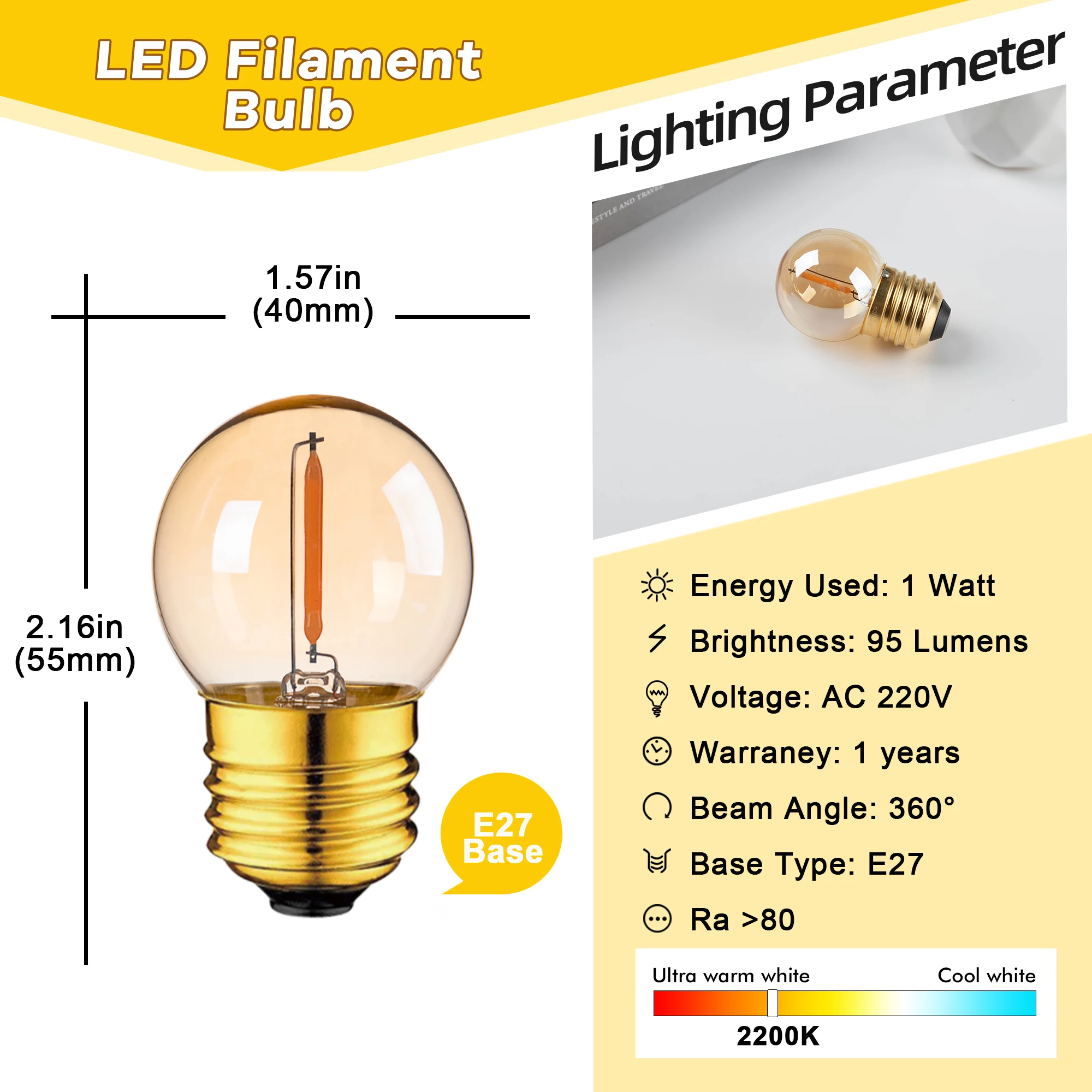 Vintage Globe Light Bulb G40 1W Equal to 10 Watts Led Filament Bulb 2200K Warm White 220V Gold Tint Glass E27 Base Dimmable Lamp