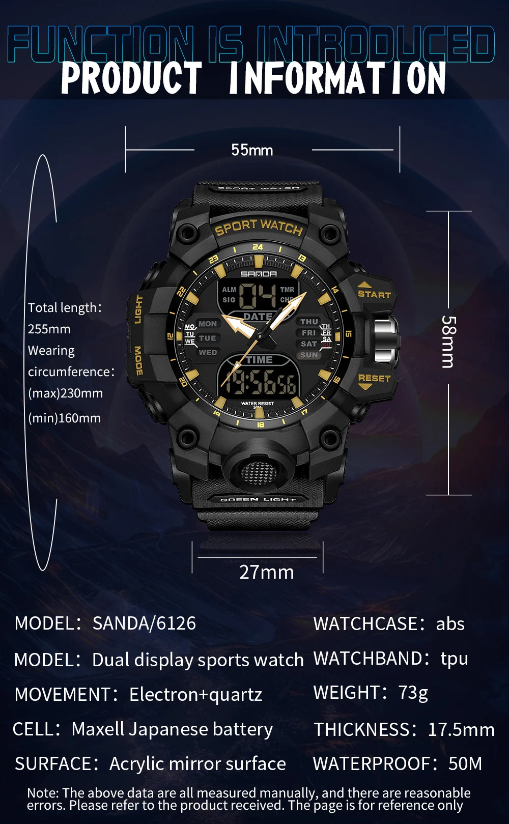Nuevo reloj electrónico Sanda 6126 con pantalla única, calorímetro de paso 2024, luz nocturna Simple, reloj electrónico deportivo resistente al agua