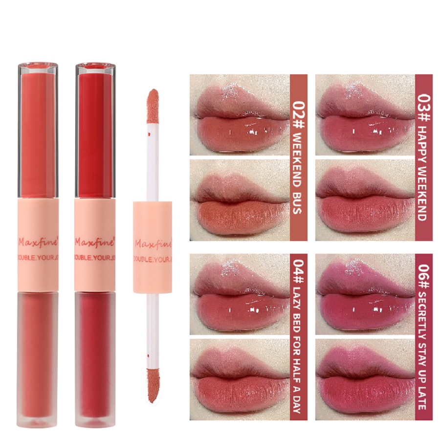 Brilho labial de duas cabeças, à prova d'água, hidratante, névoa durável, espelho de veludo fosco, cosméticos