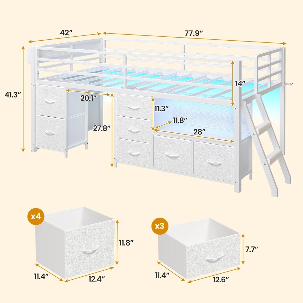 twin size metal loft bed with 7 drawers, bookcase, led lights, and 14" safety rail