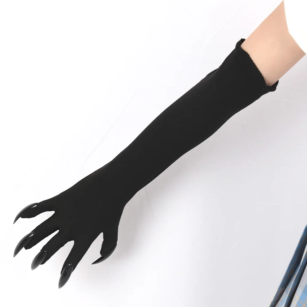 แต่งหน้าฮาโลวีนแม่มดเล็บสีดํา Ghost Cat Demon Paw ถุงมือคอสเพลย์สีดํายืดหยุ่นซาติน Stage Performance ผู้หญิงยาว Mittens