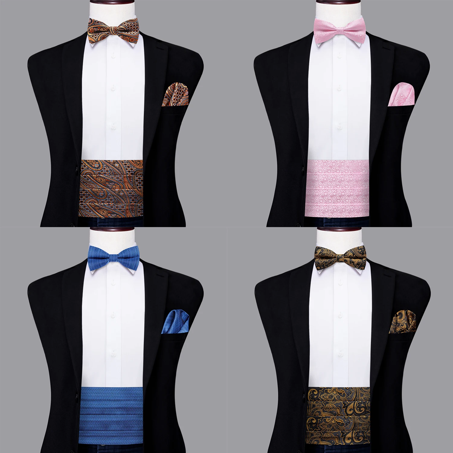 Hi-Tie Mens Cummerbunds Vintage Formal Jacquard Pailey Bowtie Hanky Cufflinks Cummerbund Belt Corset For Male Wedding Prom