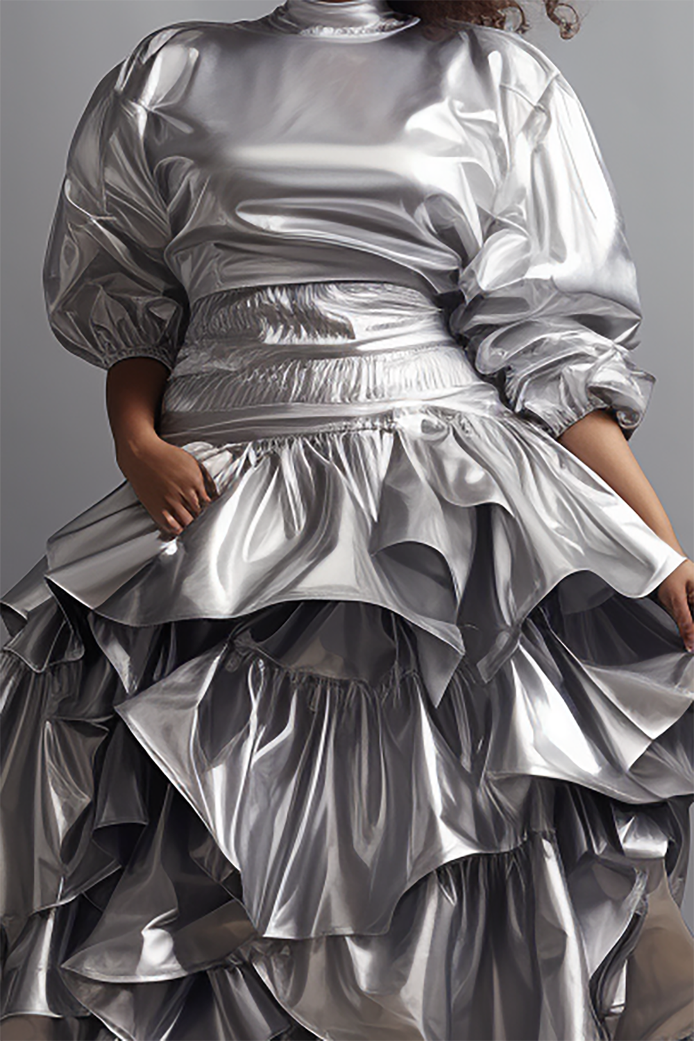 Plus Size Semi Formal Elegant Silver Fall Winter Mock Neck Puff Sleeve Half Sleeve Flounce Metallic Two Piece Skirt Sets