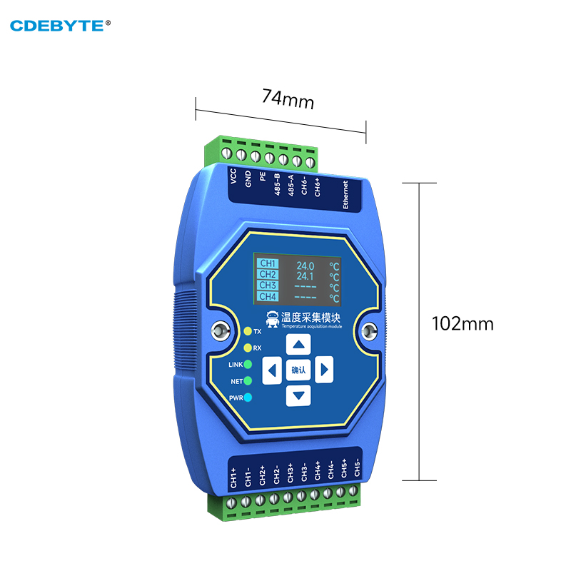 Temperaturerfassungsmodul 6-Wege-Thermoelement Typ K CDEBYTE ME31-XEXX0600 Ethernet RS485 mit OLED-Display Modbus
