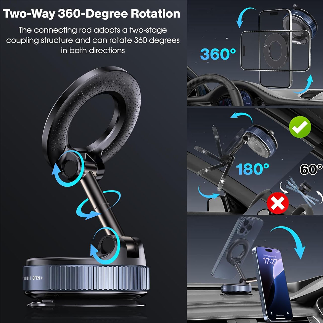 360° Foldable Vacuum Magnetic Phone Holder, Magnetic Car Phone Mount, Hands-Free Suction Cup Phone Holder for Smooth Surface