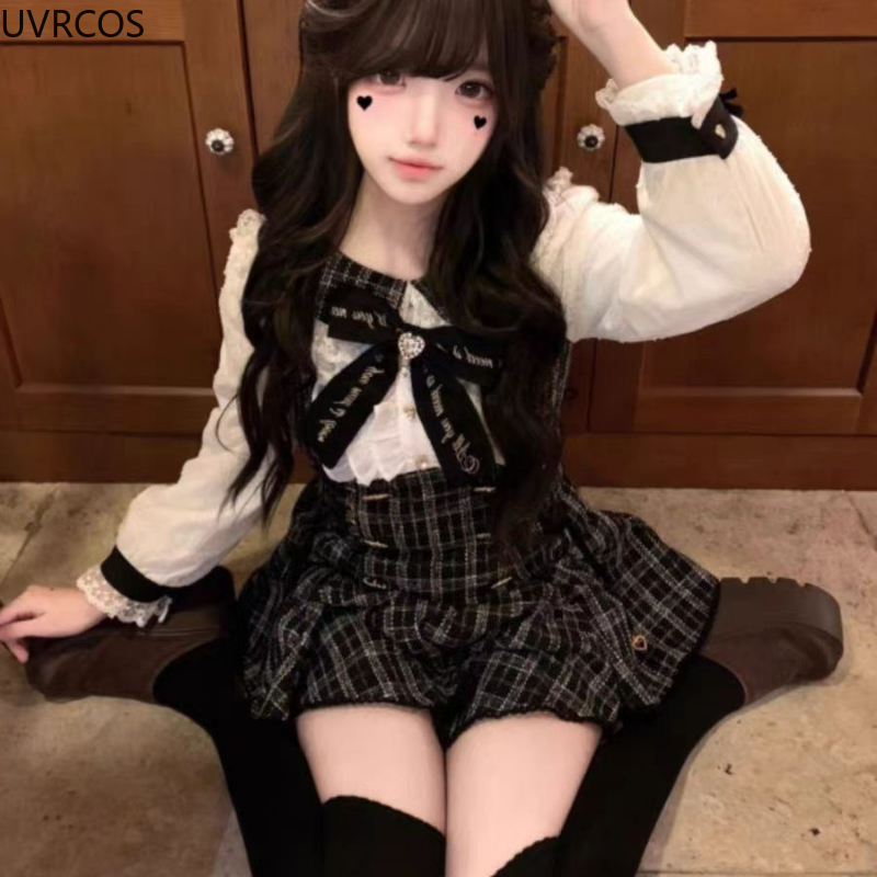 日本のゴシックスタイルのラインストーンリボンドレスショーツセット女性甘い長袖スリムチェック柄シャツドレスかわいいロリータ Y2k 衣装