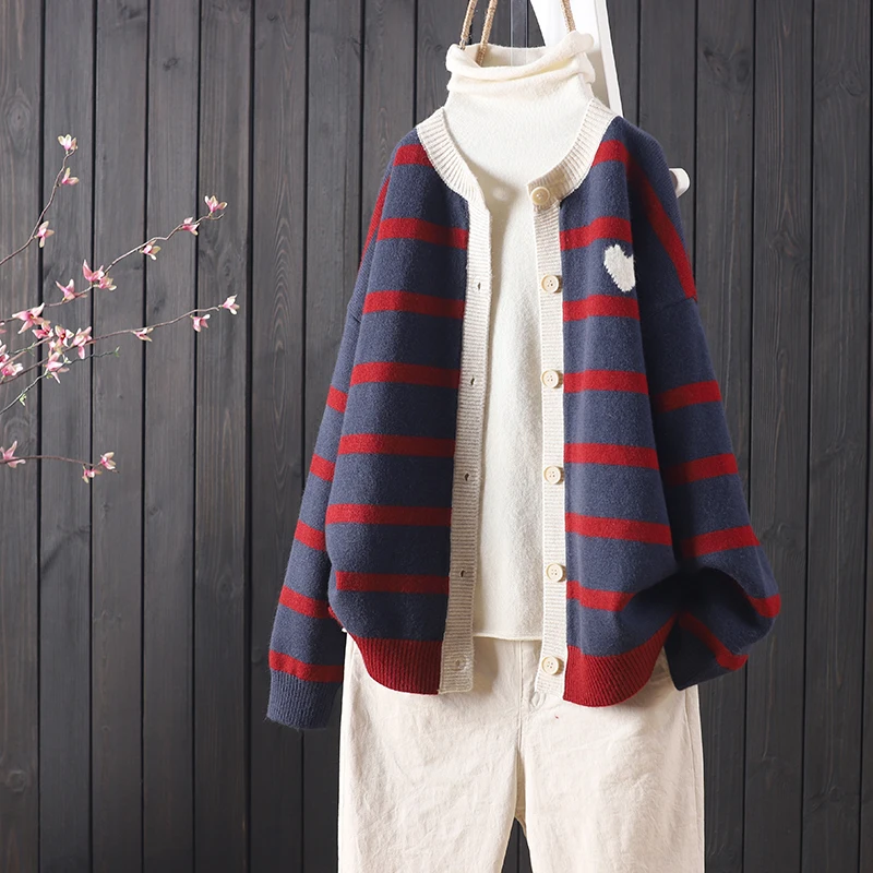ฤดูใบไม้ร่วงและฤดูหนาวใหม่ลายสีจับคู่ปุ่มรอบคอถักเสื้อสเวตเตอร์ถักผู้หญิงเสื้อแขนยาว All-Match