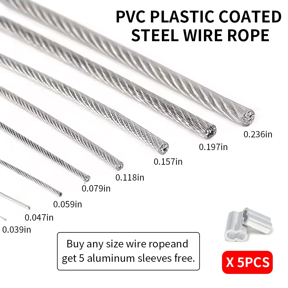 304 stainless steel wire rope with PVC transparent coating, 5/10/20/50M, sturdy rope for drying clothes, 7X7 steel cable