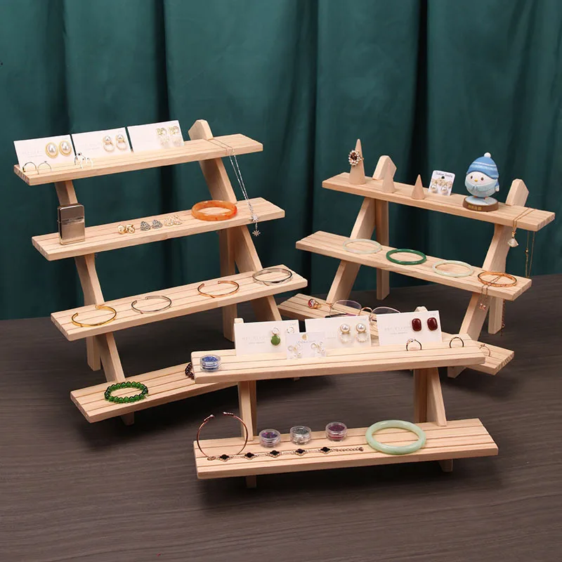 Solid wood ladder jewelry display stand, ring, cardboard, ring, doll, storage rack, display shelf.