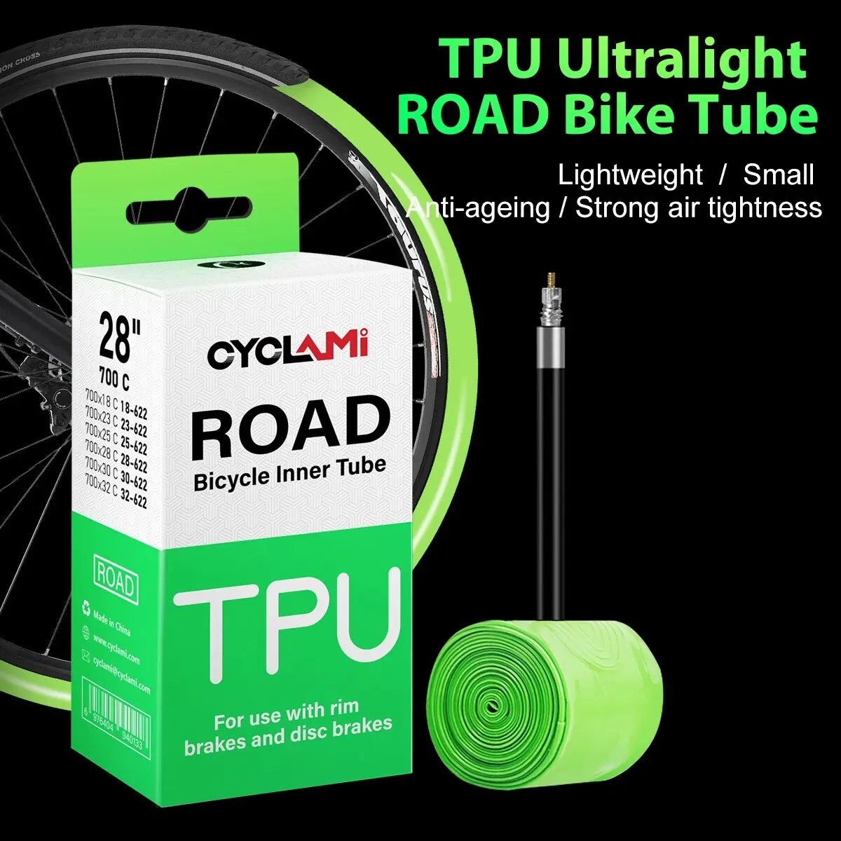 CYCLAMI Ultraleichter 30 g Fahrradschlauch aus TPU-Material, 700C 18 32, Rennradreifen, 45 mm, 65 mm, 85 mm Länge, französisches Ventil