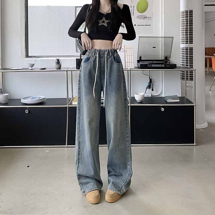 レトロ香港スタイル巾着ストレートレッグジーンズ女性のハイウエストワイドレッグパンツカジュアルズボン女性のファッション