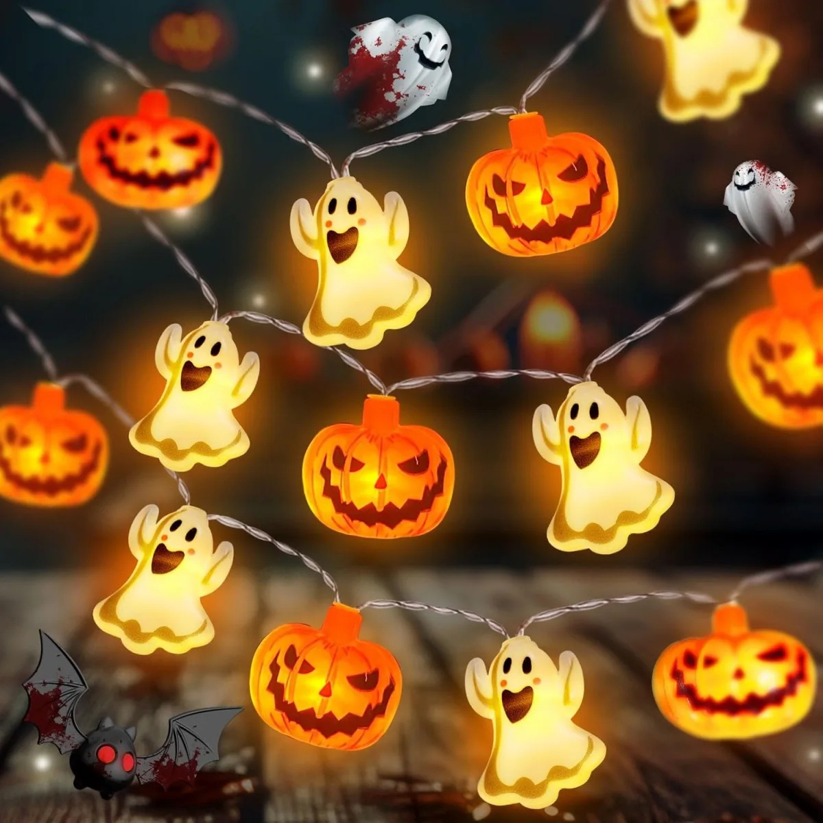 Guirnalda de luces LED de 10/20 para Halloween, cadena de calabaza y fantasma de una sola capa alimentada por batería para el hogar, jardín, vacaciones, decoración de fiesta de Halloween, 1 ud.