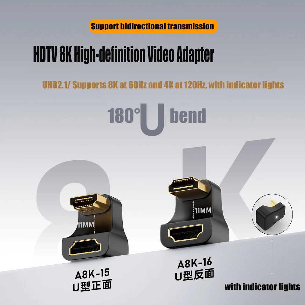 Convertidor L en forma de U en ángulo de 360 grados, Mini HD macho a HD, extensión hembra de 2,1 V, adaptador 4K 5K 3D UHD 8K 60Hz