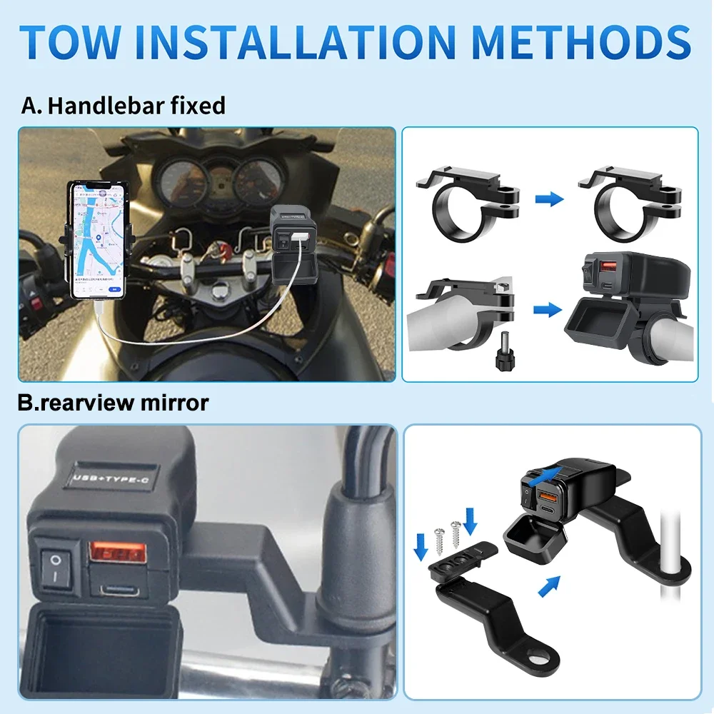 Carregador rápido usb para motocicleta pd qc3.0, 60w, guidão, tomada usb dupla com interruptor, voltímetro, à prova d'água, adaptador de fonte de alimentação 12v