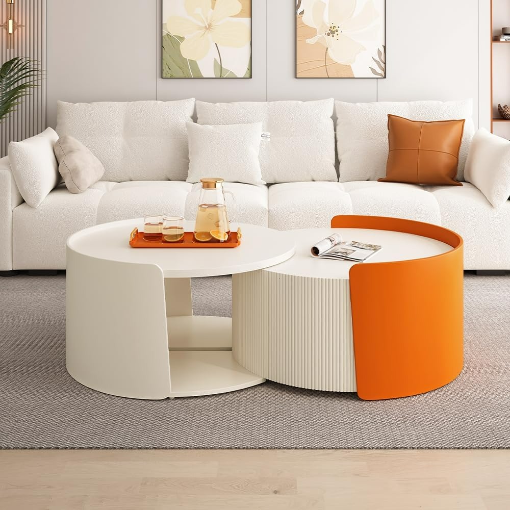 Coffee Table Set of 2, Round Nesting Table and End Table, Modern Side Tables with Extendable Sliding Tabletop, No Need Assembly