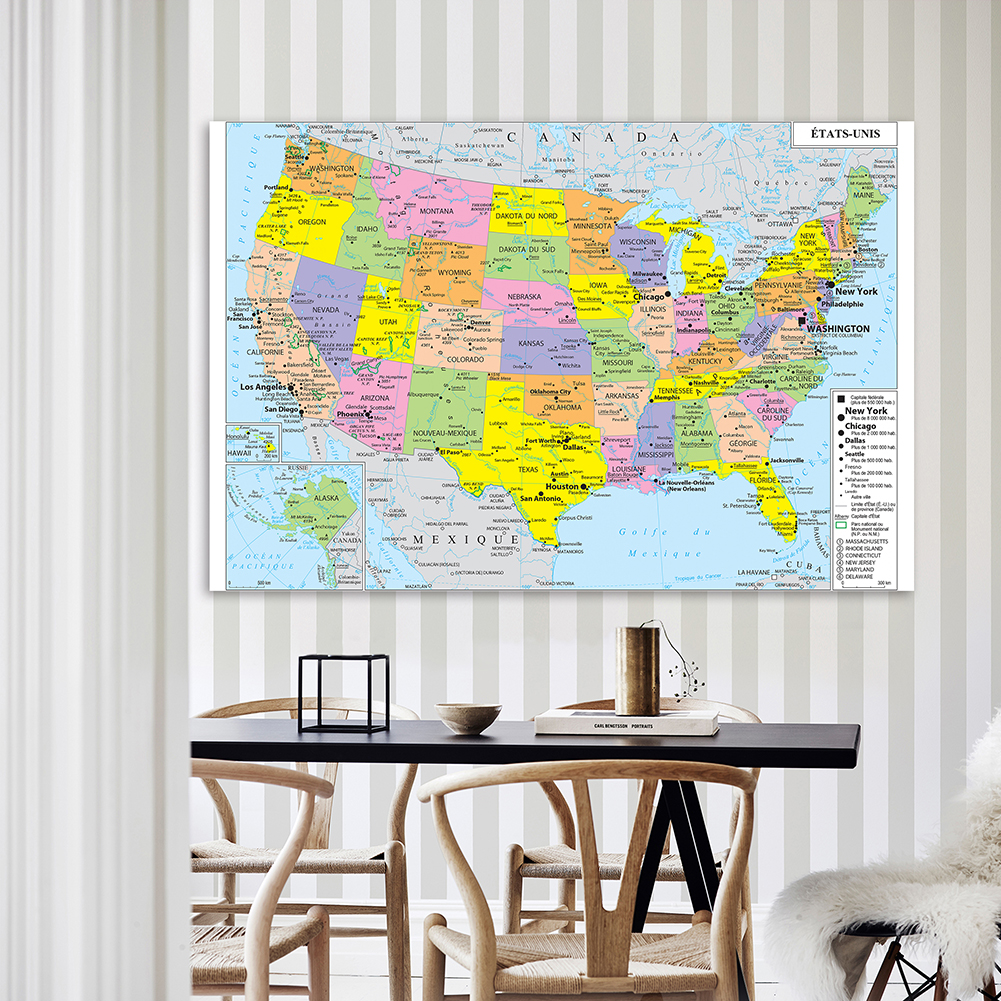 225*150cm 정치지도 미국 프랑스어 부직포 캔버스 회화 대형 포스터 홈 장식 학교 용품
