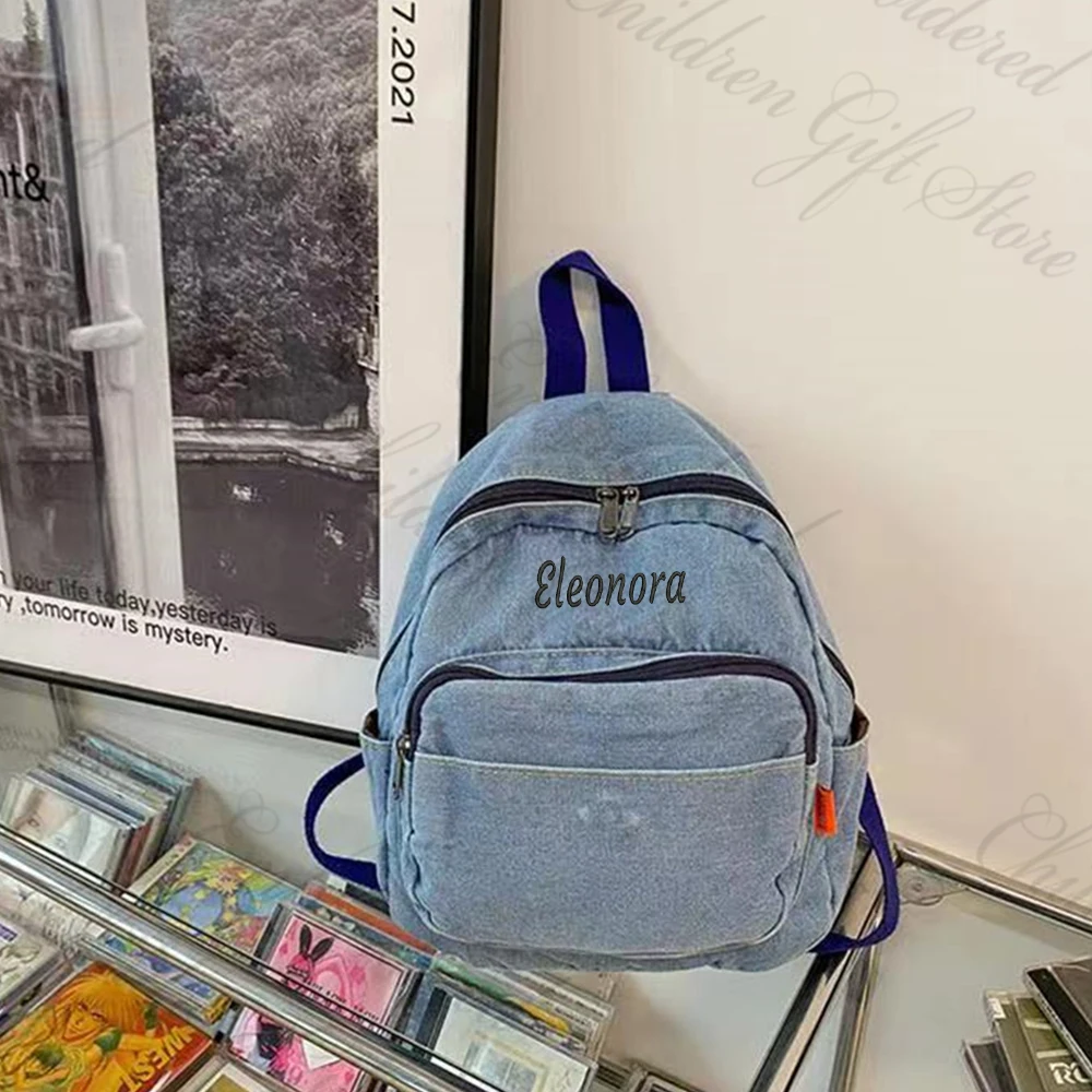 Envío Gratis, mochila vaquera con nombre bordado para mujer, bolso personalizado para estudiantes universitarios, bolso para libros, mochila de lona vaquera personalizada