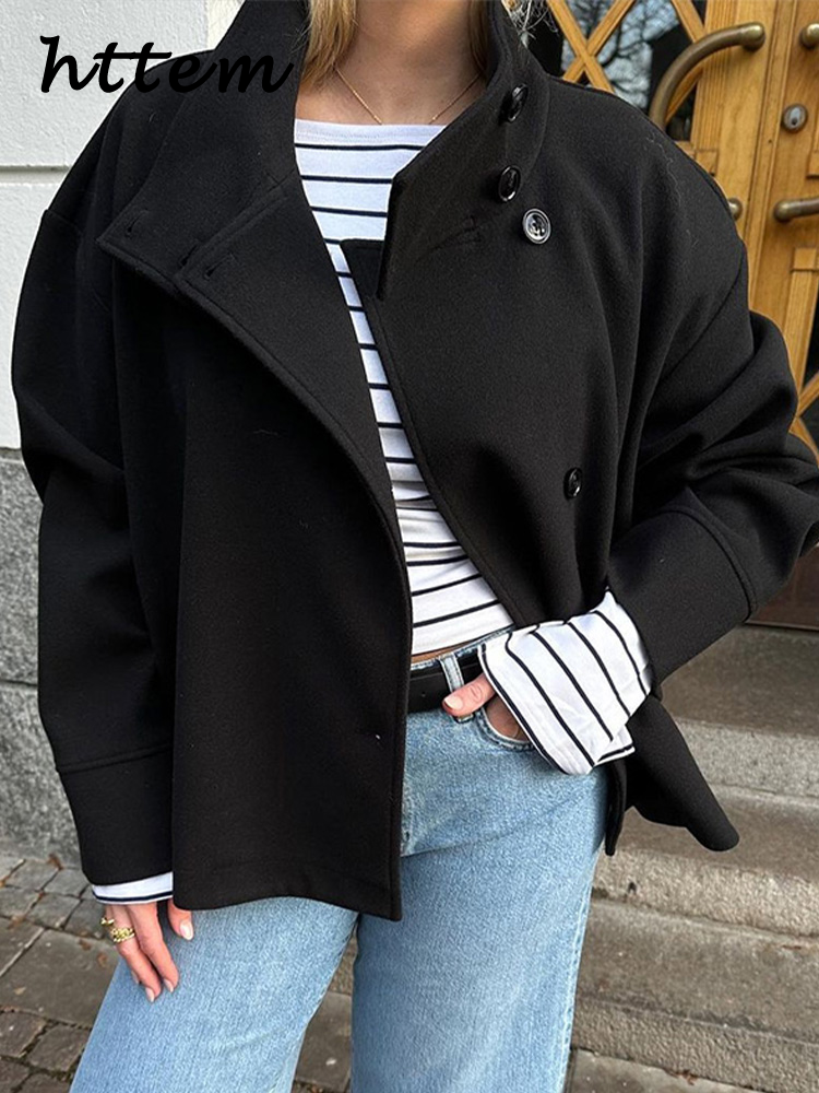 Casual Women's Short Woolen Coats Loose Lapel Single-breasted Long Sleeve Thick Jacket 2025 Autumn Winter Lady Elegant Outwear