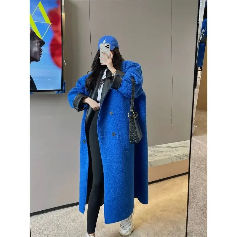Damen-Mantel aus umkehrbarem Kunstleder mit Nähten aus Lammwolle, verdickter mittellanger doppelseitiger Trenchcoat, PU-Strickjacke, Windjacke