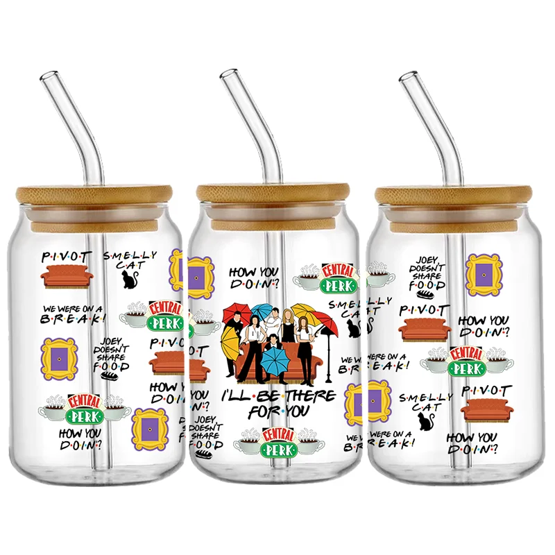 Pegatinas de transferencia de amigos, impermeables, UV, DTF, taza, pegatina envolvente, DIY, calcomanía 3D para vidrio Libbey de 16oz