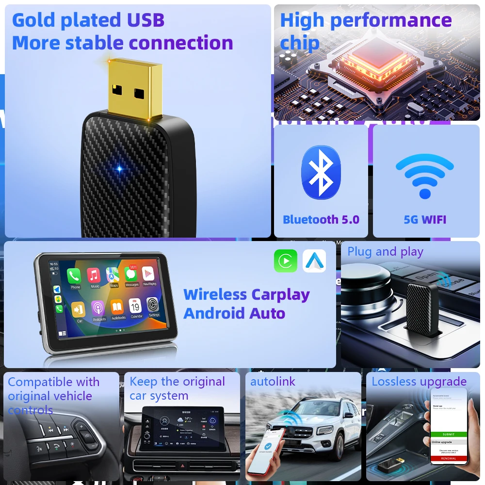 Carplay Android 自動ワイヤレスアダプタートヨタマツダ日産カムリスズキスバルシトロエンアウディメルセデス起亜フォードオペル Spotify BT