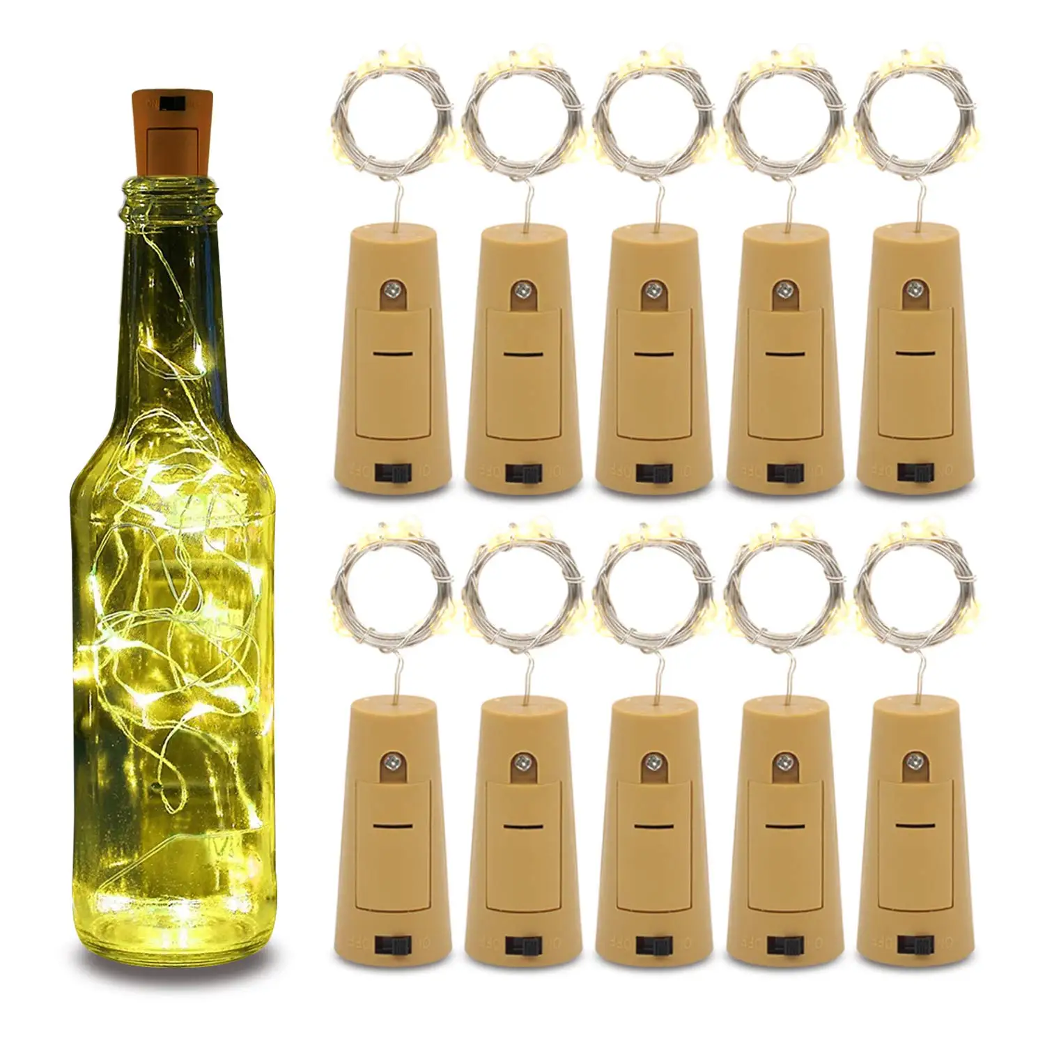 10 stringhe/confezione da 2 m 20 LED luce bottiglia di vino bianco caldo, mini luce decorativa in sughero fiaba bottiglia luminosa stringa decorativa l