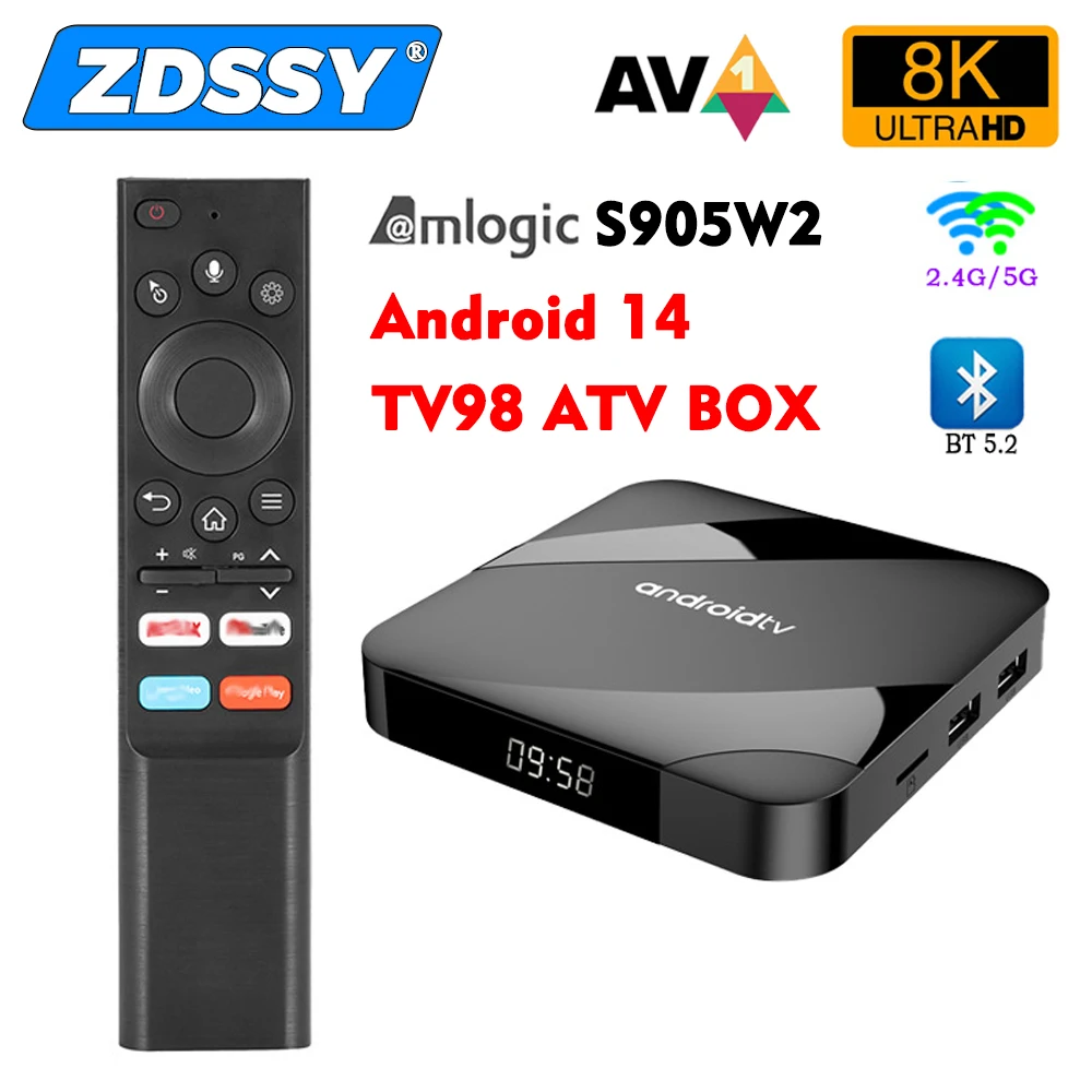 Caja de TV inteligente TV98 ATV Ultra HD 8K Android 11 a 14 S905W2 2GB16GB 4GB 32GB/64GB Wifi Dual BT5.0 2,4G y 5G reproductor multimedia decodificador