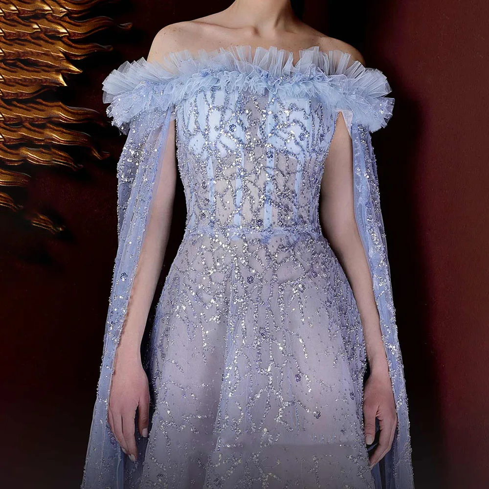 Customize A-Line Illusion Satin Prom Evening Gown Off-Shoulder Ruffles Strapless Embroidered Sequined Vestido de Fiesta