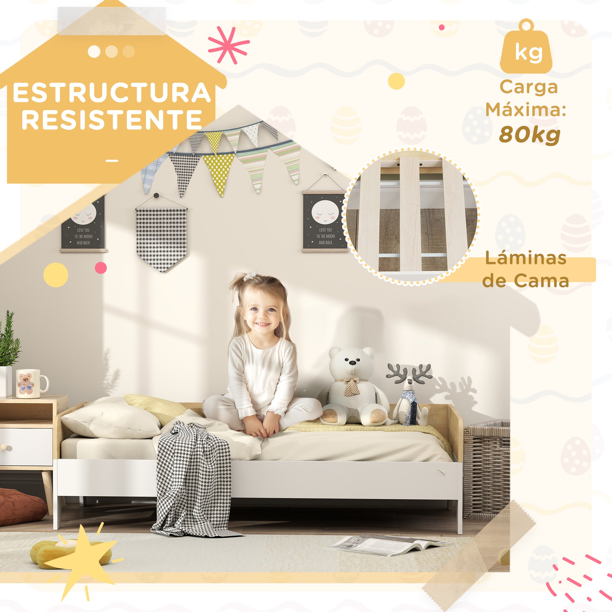 Aiyaplay cama para niños de 3 años 140x70 cm carga 80 kg blanco y natural