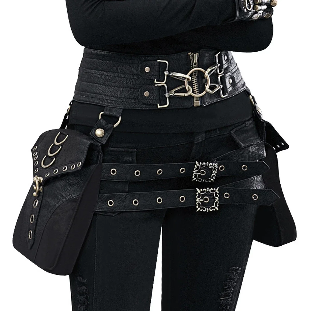 Bolsa feminina steampunk retrô de couro pu, bolsa de cintura com costura de rebite, cinto de design resistente ajustável