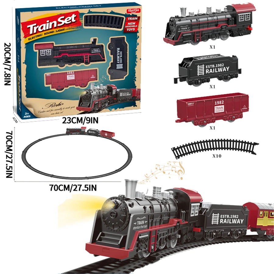 Conjunto de trilhos de trem elétrico com luzes, som, simulação retrô, modelo de carro ferroviário, brinquedos ferroviários para crianças, presente de natal