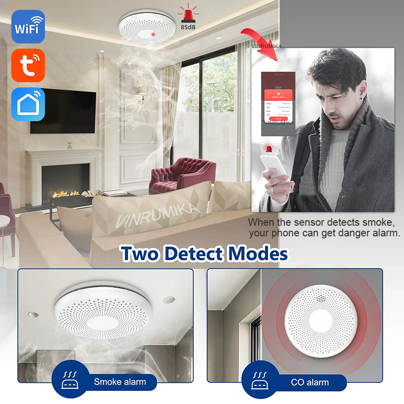 10 Year Battery 2 In 1 WiFi Function Tuya Smart Life Co & Smoke Detector Carbon Monoxide Kitchen Shop Fire Sound Alarm Sensor