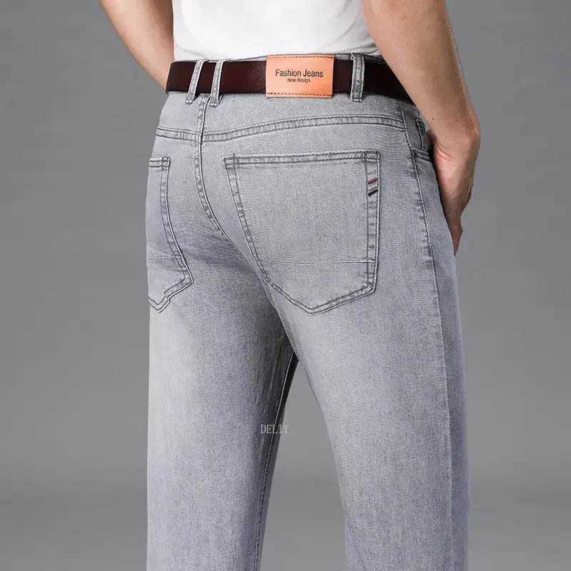 2024 Marke Dünnes oder Dickes Material Gerade Baumwolle Stretch Denim Herren Business Casual Hohe Taille Hellgrau Blau Jeans
