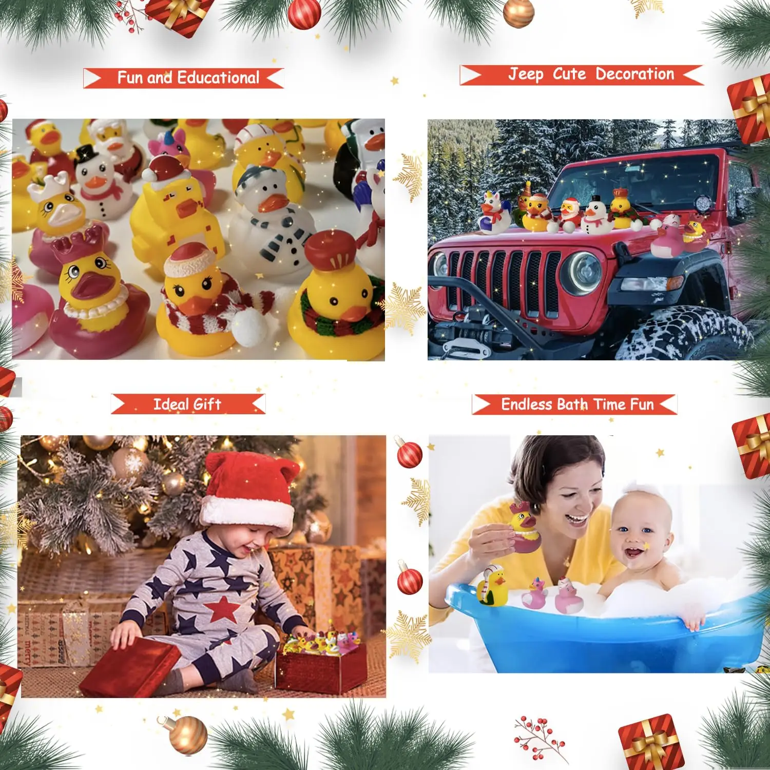 ゴム製のアヒルのクリスマスストッキング,ベビーシャワーアクセサリー,子供用ジープバスおもちゃ,男の子と女の子,クリスマスパーティーギフト,24パック
