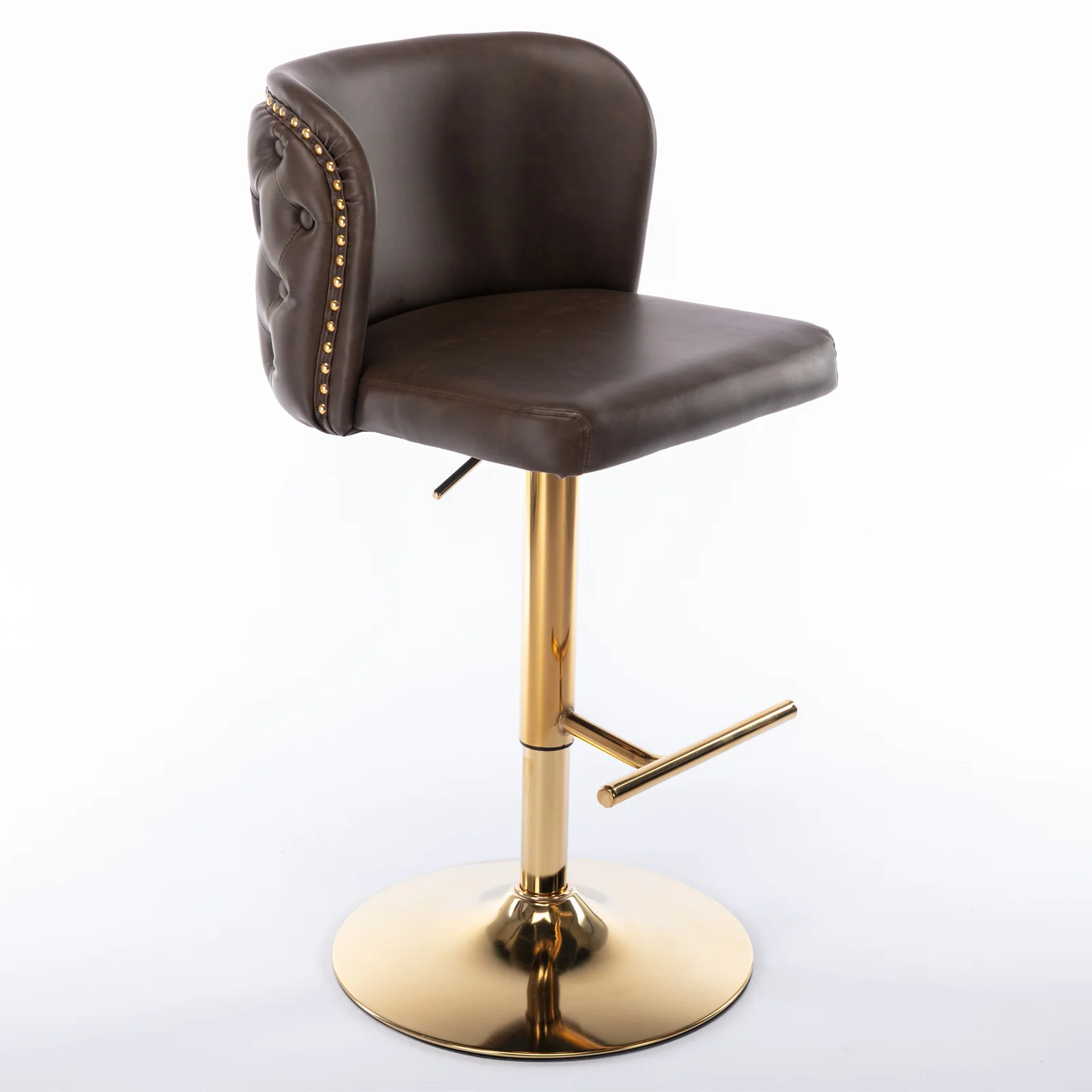 2Pcs Swivel Bar Chairs PU Upholstered Counter Bar Stools with Gold Nailheads and Base Adjustable Height For Dining Room Kitchen