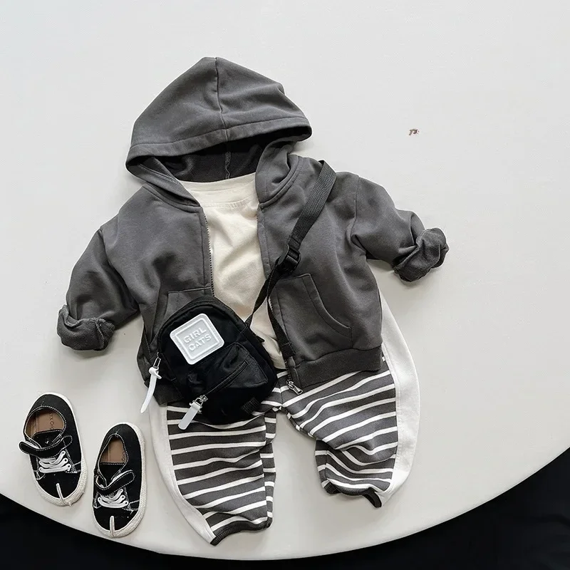 Jaket berkerudung anak laki-laki, Hoodie Solid kasual anak-anak musim semi baru 2025, mantel ritsleting bayi atasan anak-anak