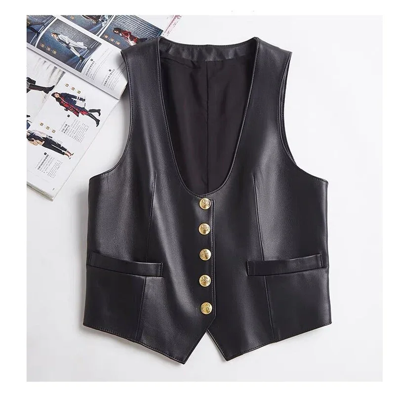Chaleco de cuero genuino con cuello en V para Mujer, gabardina occidental, Tops con una botonadura, informal, fácil de combinar, otoño