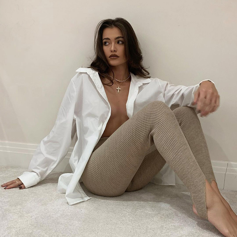 Mallas de punto acanaladas Beige para mujer, pantalones básicos de algodón de cintura alta para Fitness, mallas ajustadas informales que combinan con todo para primavera