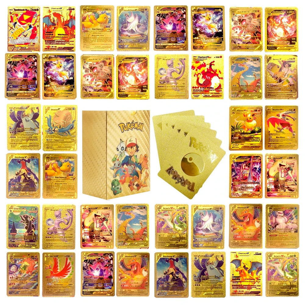 Tarjetas de Pokémon doradas, 27-110 Uds., español, inglés, francés, alemán, tarjetas plateadas de lámina, Charizard Vmax Gx, tarjeta de juego de colección