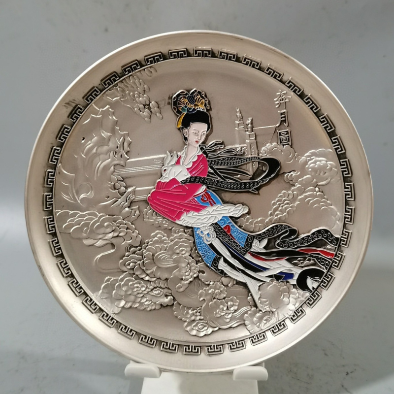 Coleção antiga qianlong ano modelo banhado a prata pintado chang'e voador pan decoração placa de exibição placa de exibição casa deco