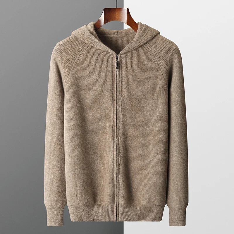 Männer 100% Merino Wolle Pullover Mit Kapuze Zipper Strickjacke Herbst Winter Verdickte Stricken Große-größe Jacke Lange Ärmeln Sportswear mantel