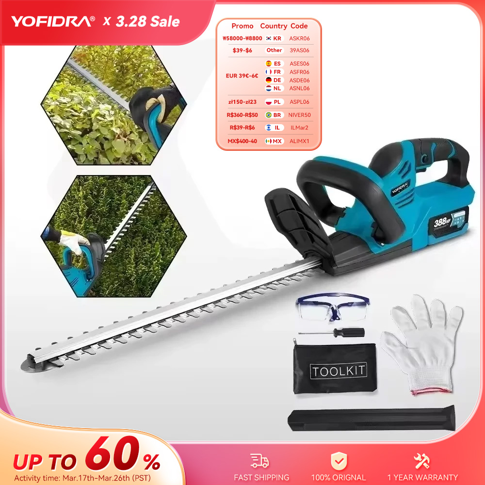 YOFIDRA-Aparador Elétrico para Paisagismo de Jardim, Cortador de Grama, Pruner de Hedge, Ferramenta para Makita, Bateria 18V, 2000W, 15000 RPM