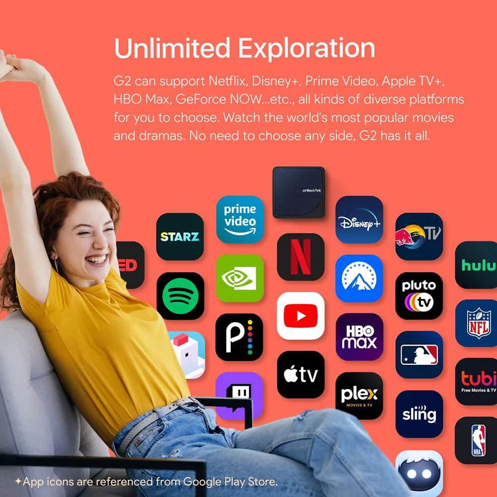 RockTek G2 4K Android TV 12 o 14 ATV Stream Box Netflix Certificado Google Amlogic S905X4-K Compatible con DTS Dolby Audio Dolby Vision