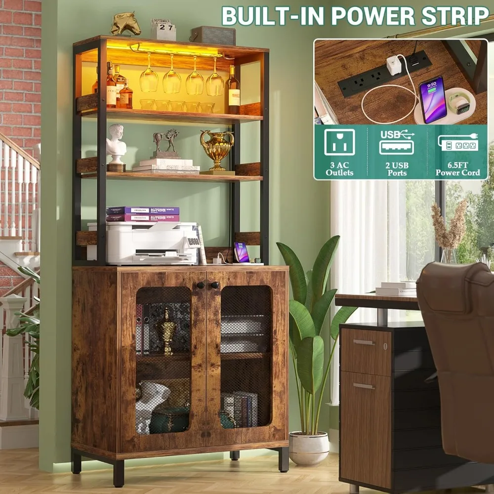 Bar Cabinet with Power Outlets,  67" Tall Wine Bar Cabinet Liquor Cabinet with LED Lights & Glass Holder