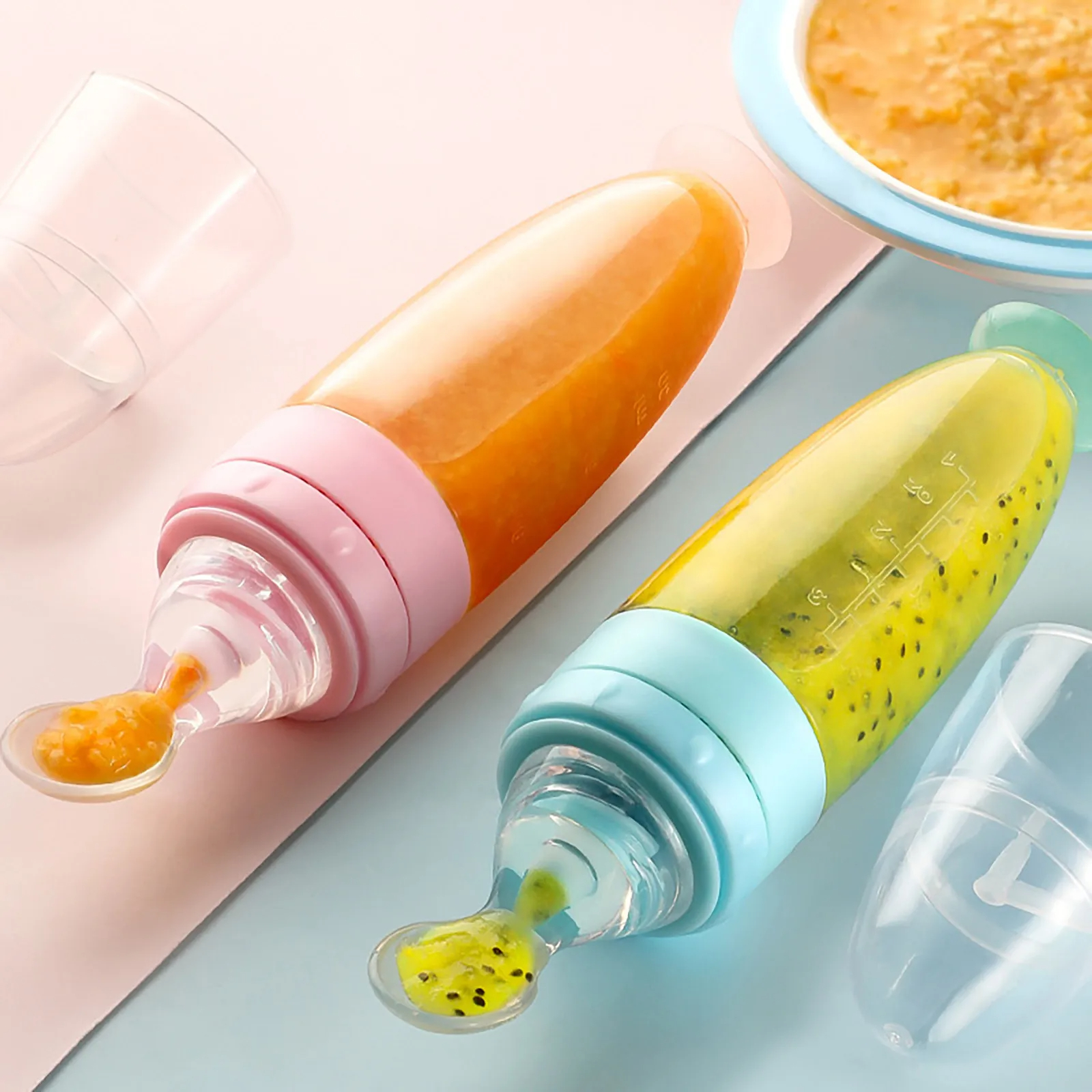 Garrafa de silicone depressível, alimentação segura para bebês, colher de alimentação para apertar, garrafa de leite, alimentador de treinamento, suplemento alimentar