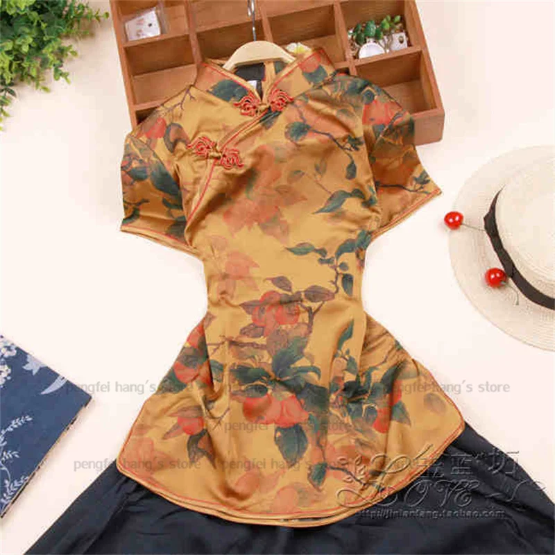 Satynowy top Qipao Lady elegancka bluzka kwiatowy nadruk koszula w stylu Cheongsam tradycja chiński styl Tang ubrania letnia jesień nowy kostium