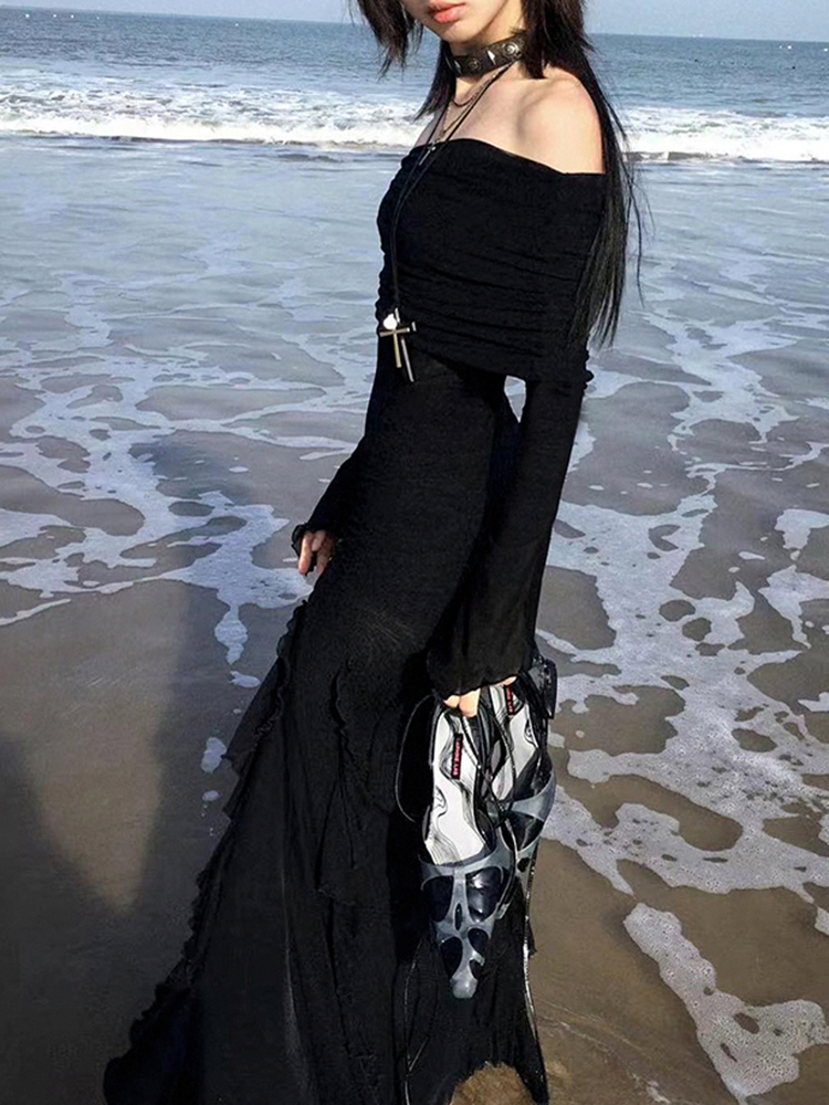 IAMSURE elegante moda volantes oscuros vestido largo dividido gótico Slash cuello manga larga Maxi vestidos para mujeres 2023 vacaciones playa