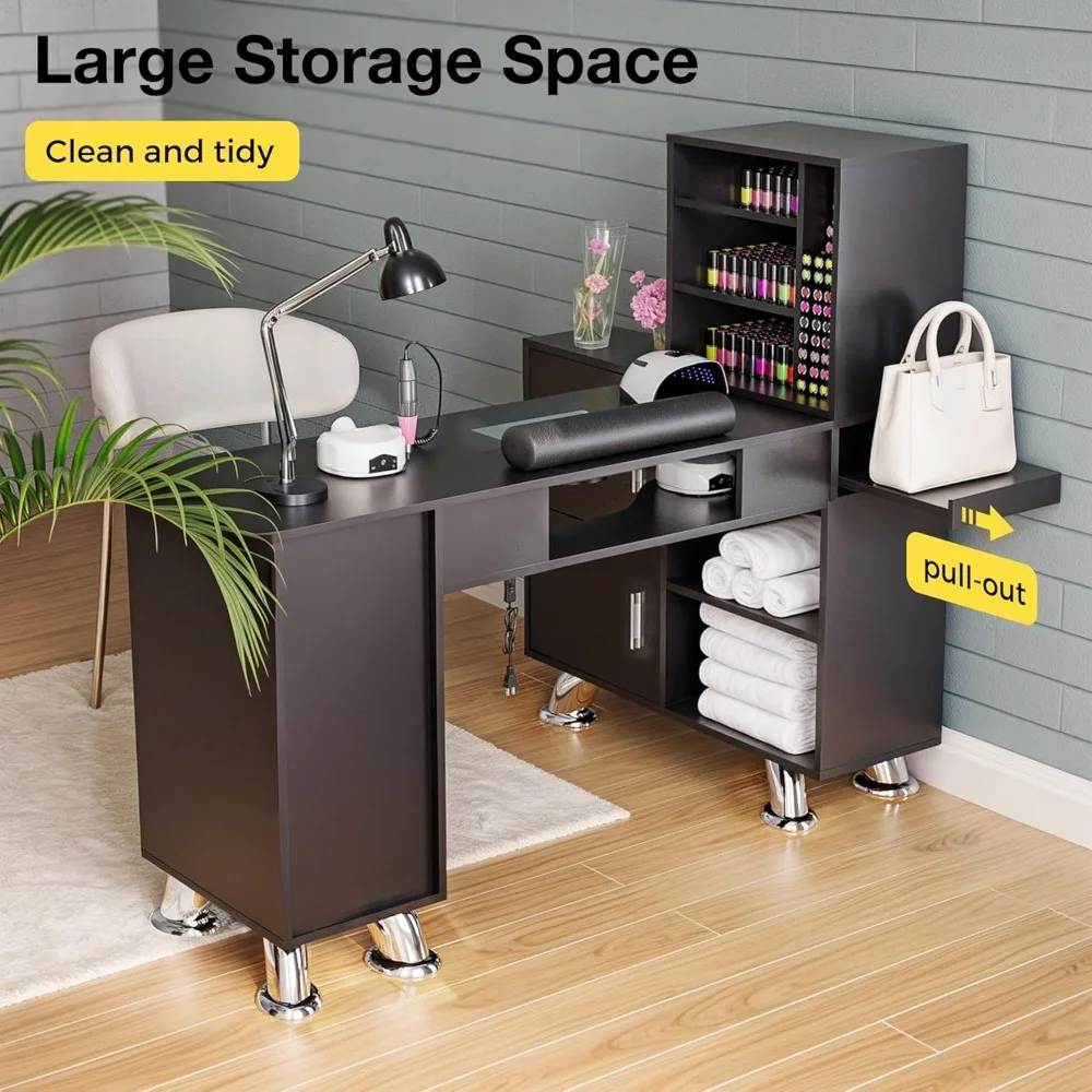 Manicure Table Nail Station w/Dust Collector - L-Shaped Nail Tech Table with Shelves, Storage Cabinets, Drawers, Metal Handles