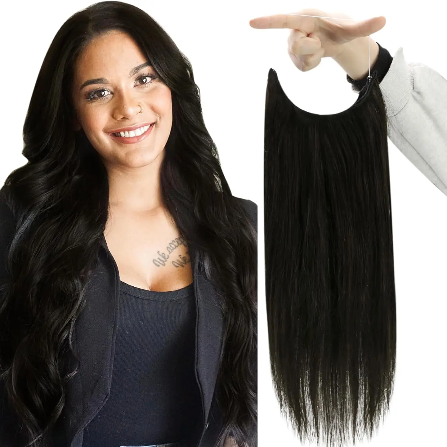 Linha de peixe 100 extensão do cabelo humano pedaço cabelo loiro remy cabelo reto fio de pesca com 3 clipes fio invisível extensão do cabelo