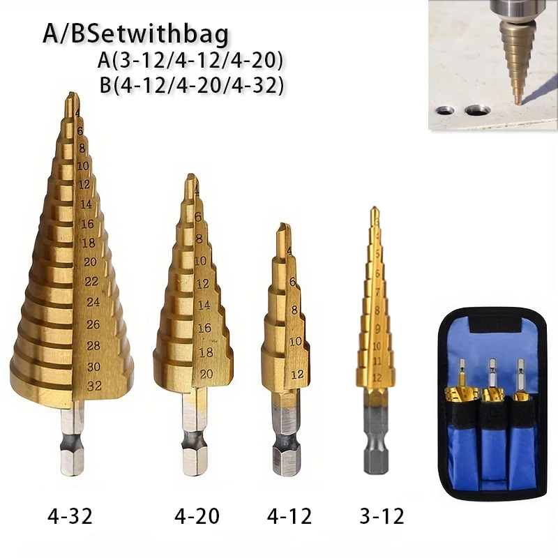 3pcs Step Drill Set Metal Woodworking Reamer Step Drill Bit Titanium Coated Wood Metal Hole Cutter Core Cone Drilling Tools Set